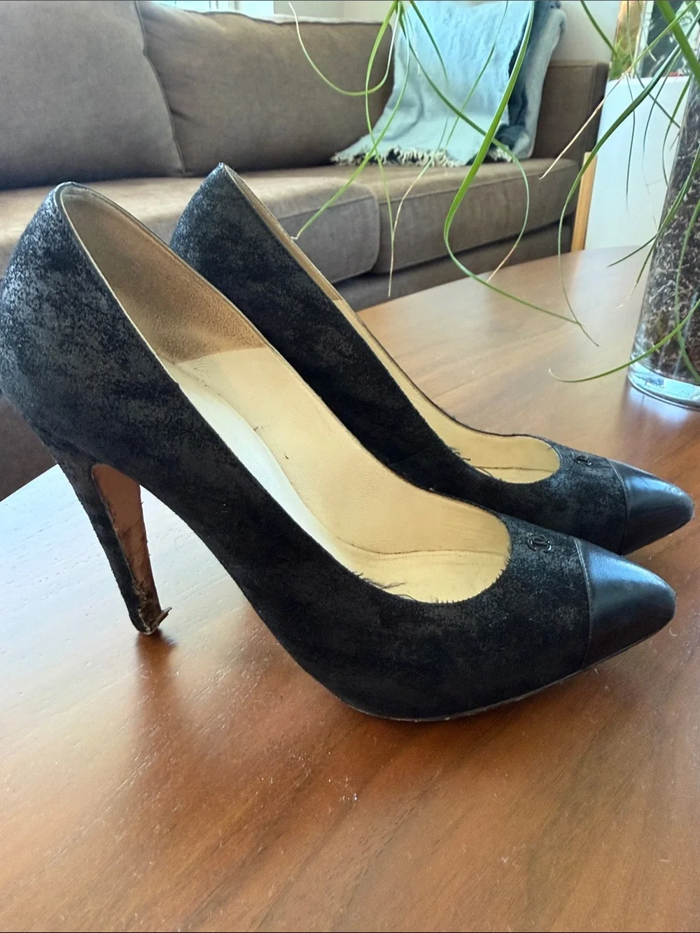 CHANEL Black Suede with Leather Cap Toe Pointed Pumps
